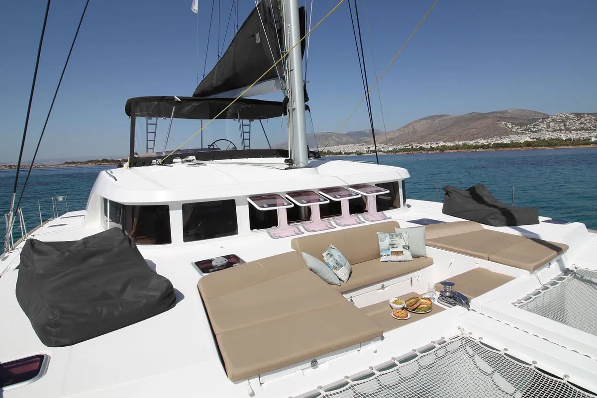 Deck of The Full House, a Lagoon 500 - 5 + 1 + 1 cab. catamaran at Athens, Greece