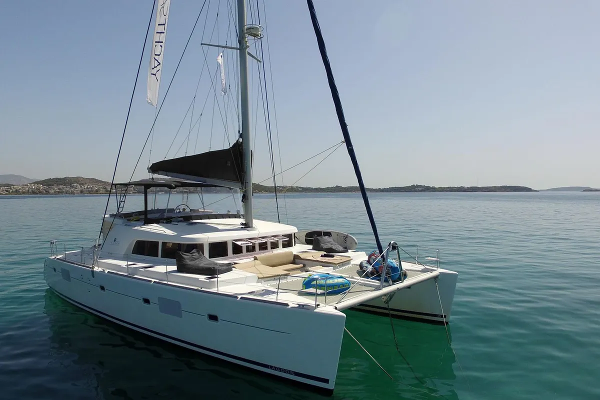 Exterior view of The Full House, a Lagoon 500 - 5 + 1 + 1 cab. catamaran at Athens, Greece