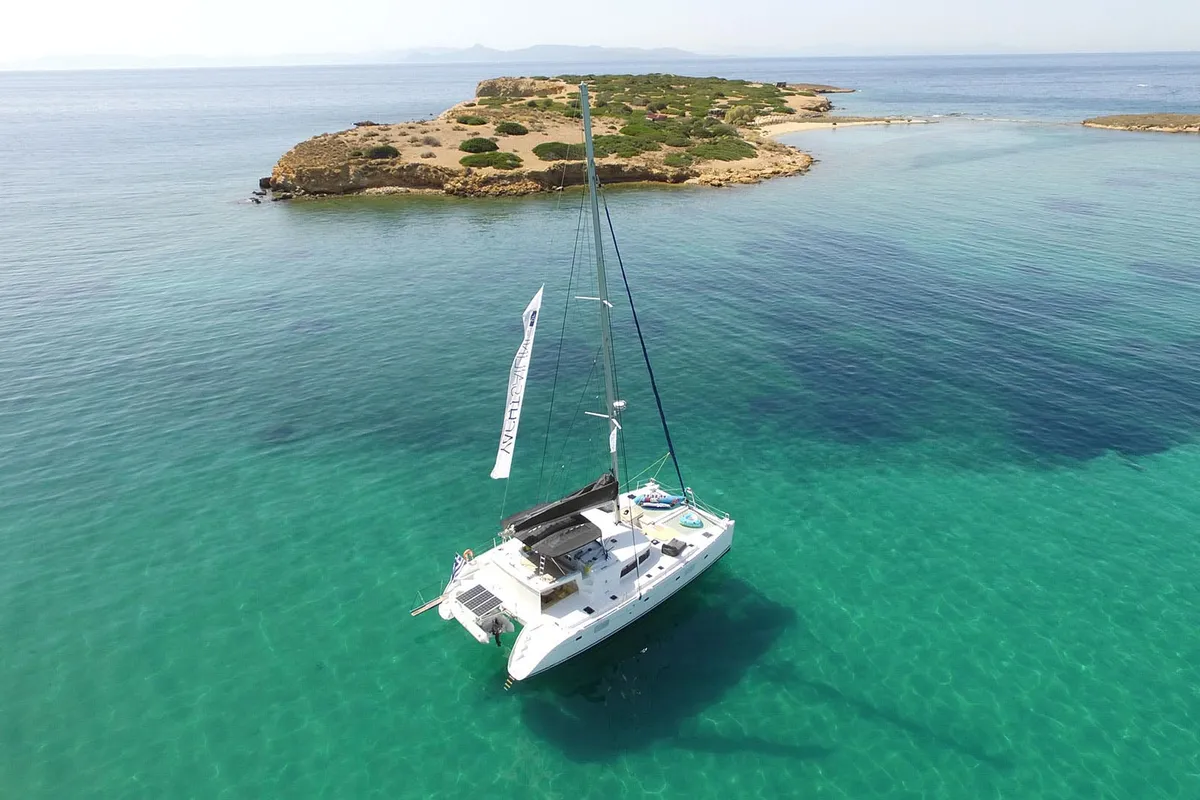 Exterior view of The Full House, a Lagoon 500 - 5 + 1 + 1 cab. catamaran at Athens, Greece