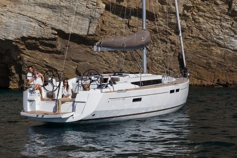 Exterior view of Happy Hippo, a Jeanneau Sun Odyssey 479 sailboat at Kos, Greece