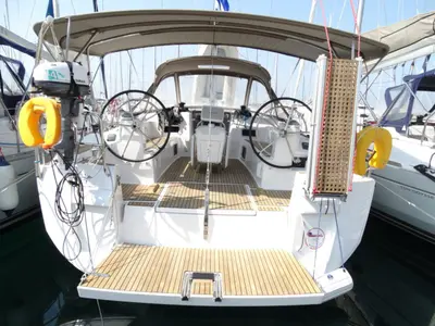 Cockpit of Happy Hippo, a Jeanneau Sun Odyssey 479 sailboat at Kos, Greece