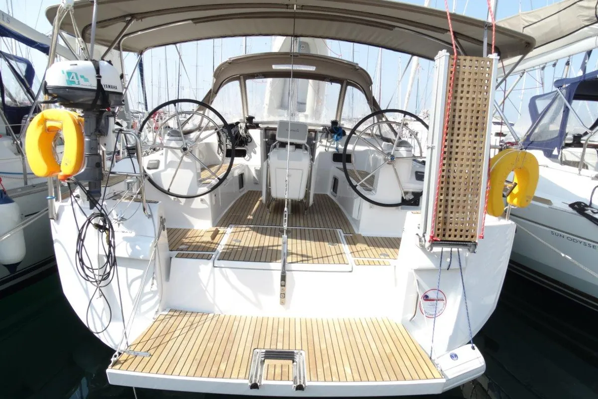 Cockpit of Happy Hippo, a Jeanneau Sun Odyssey 479 sailboat at Kos, Greece