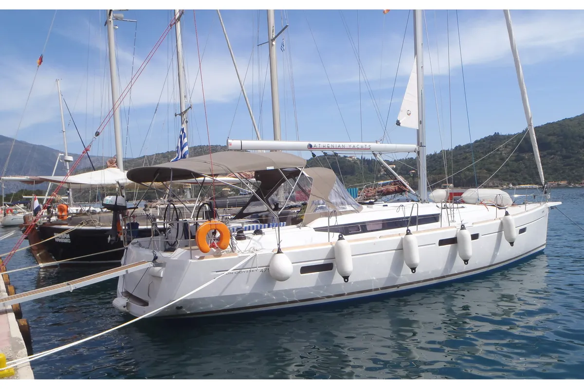 Exterior view of Happy Hippo, a Jeanneau Sun Odyssey 479 sailboat at Kos, Greece