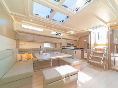 Salon of Eclipse, a Hanse 458 sailboat at Lavreotiki, Greece