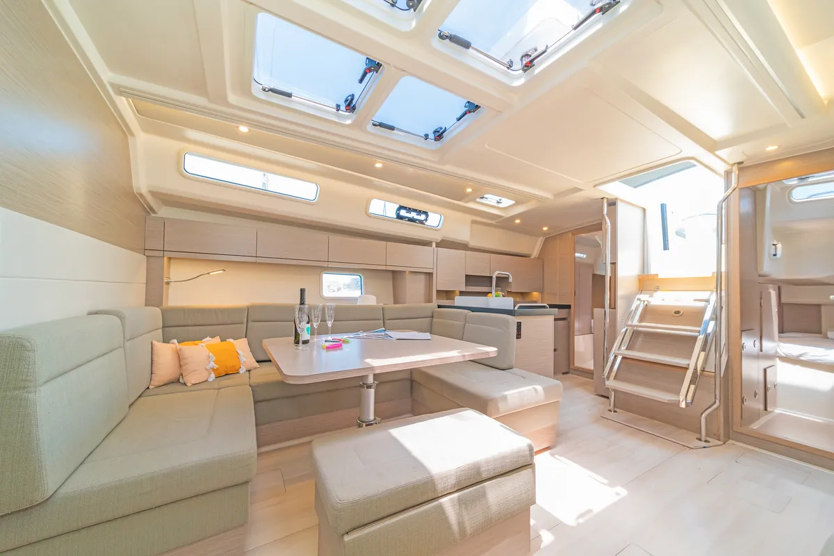Salon of Eclipse, a Hanse 458 sailboat at Lavreotiki, Greece