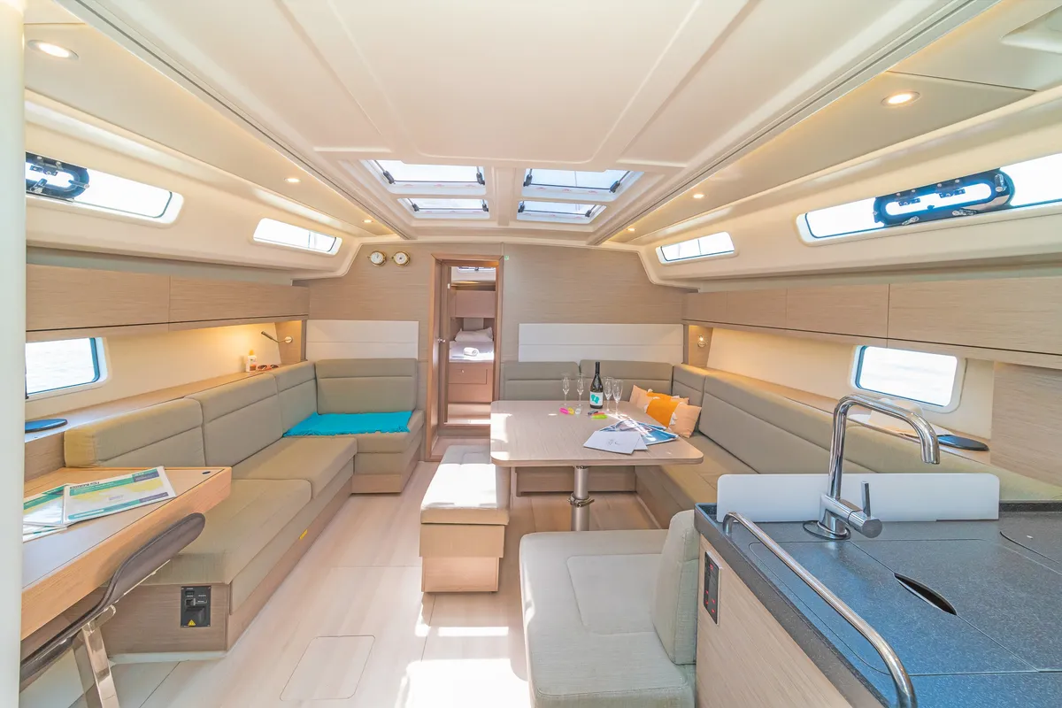 Salon of Eclipse, a Hanse 458 sailboat at Lavreotiki, Greece