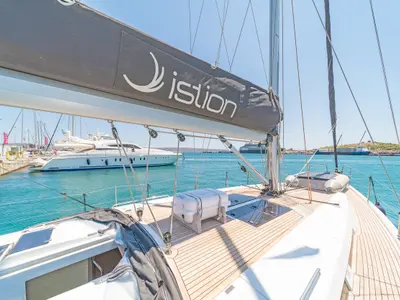 Deck of Eclipse, a Hanse 458 sailboat at Lavreotiki, Greece