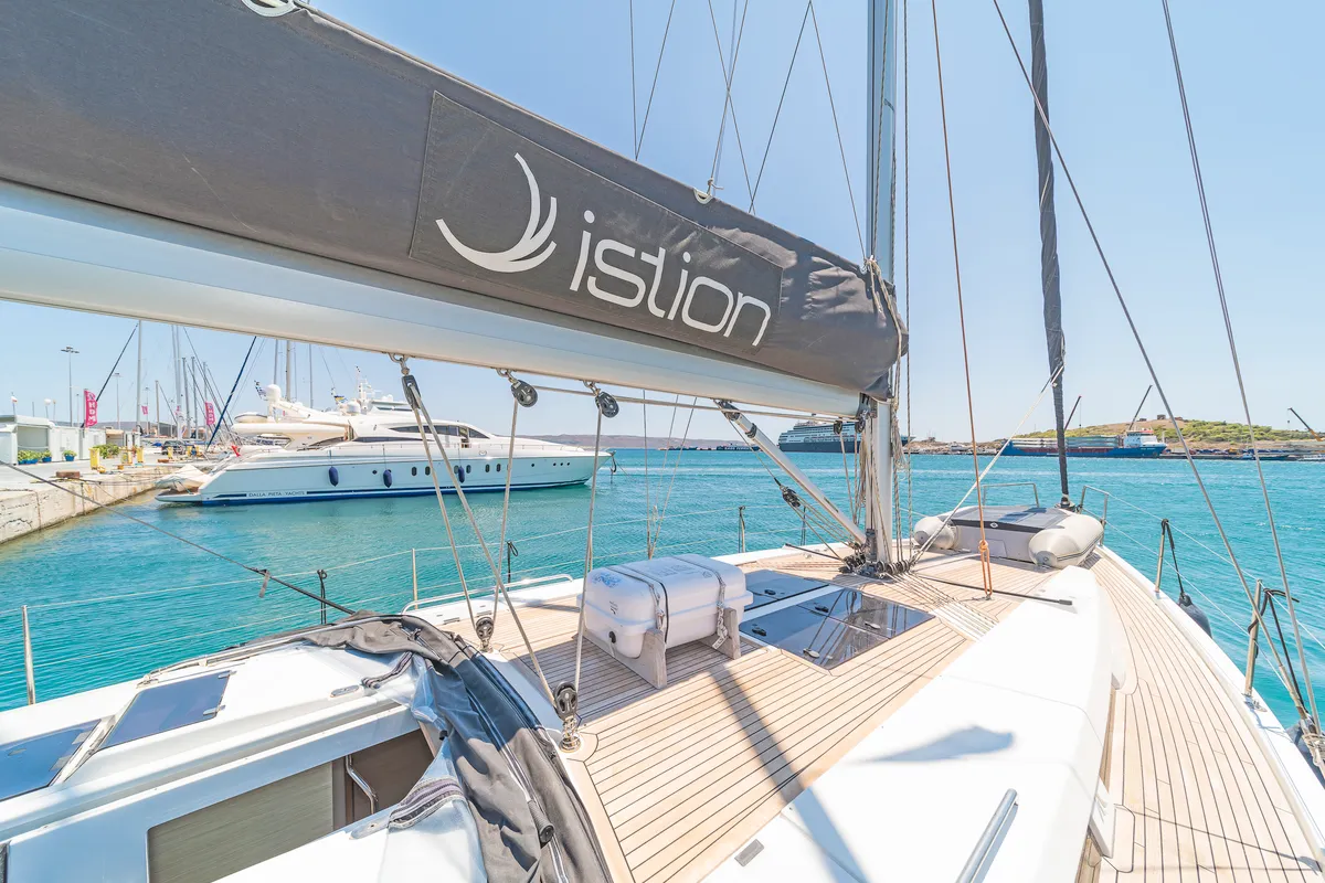 Deck of Eclipse, a Hanse 458 sailboat at Lavreotiki, Greece