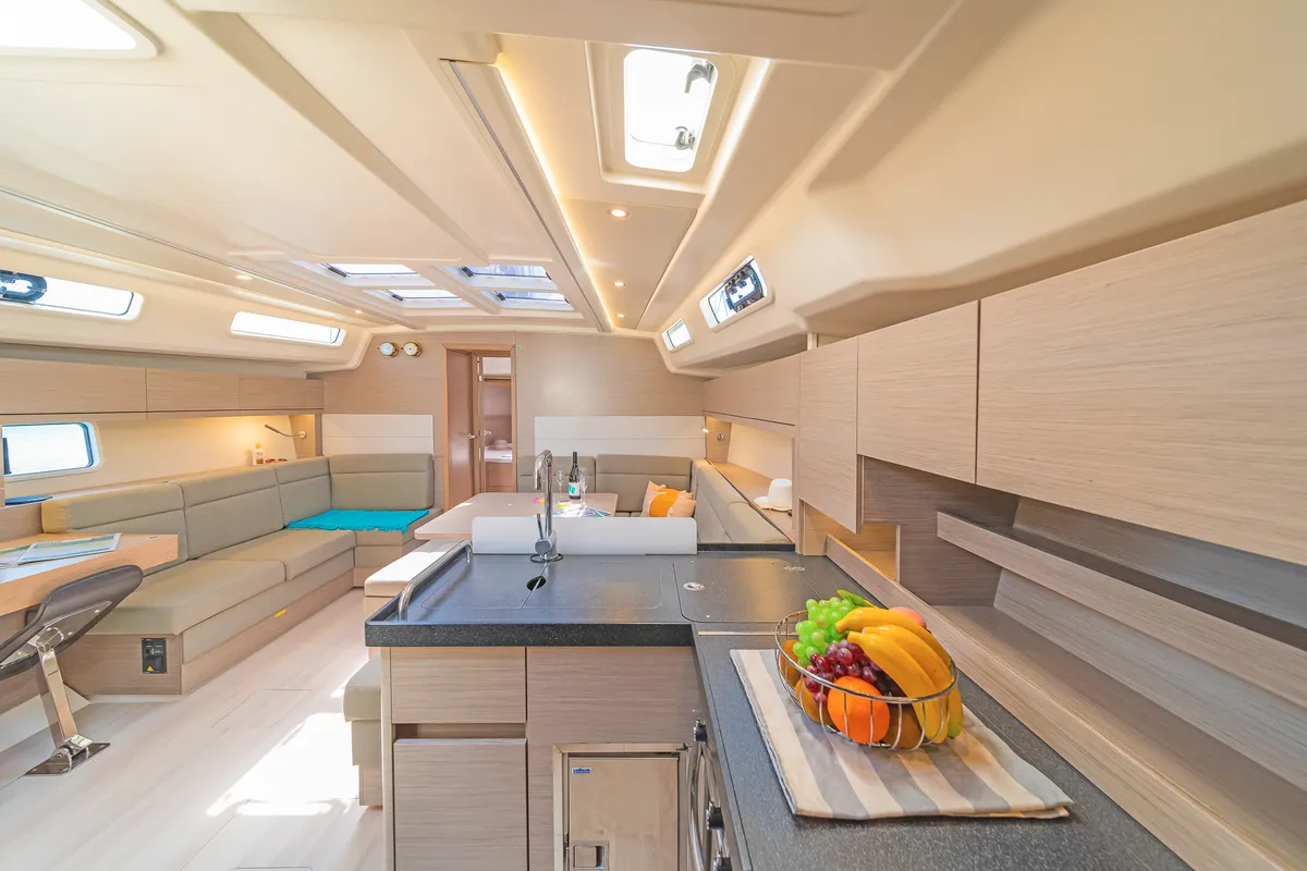 Galley of Eclipse, a Hanse 458 sailboat at Lavreotiki, Greece