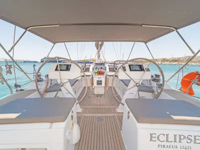 Cockpit of Eclipse, a Hanse 458 sailboat at Lavreotiki, Greece