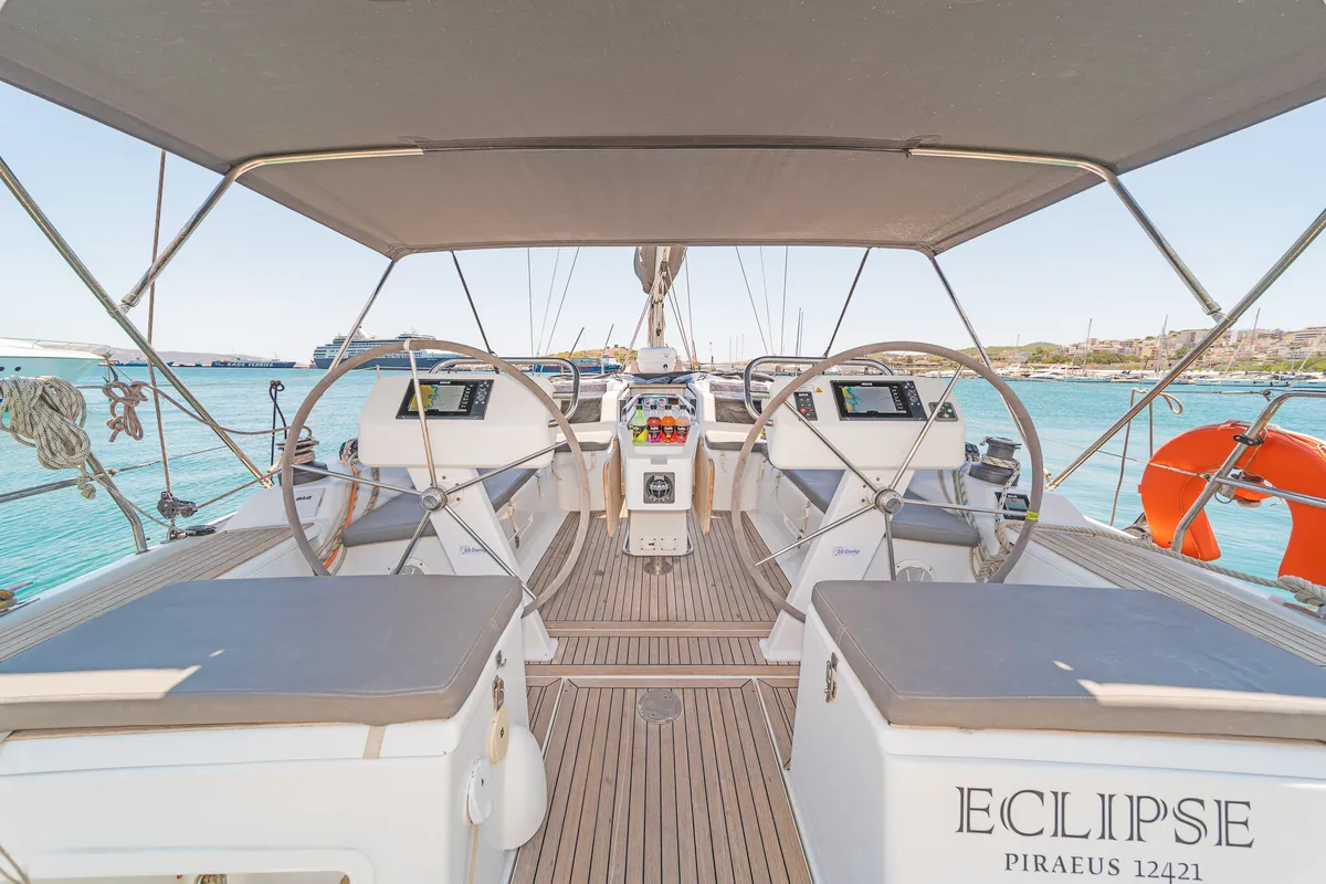Cockpit of Eclipse, a Hanse 458 sailboat at Lavreotiki, Greece