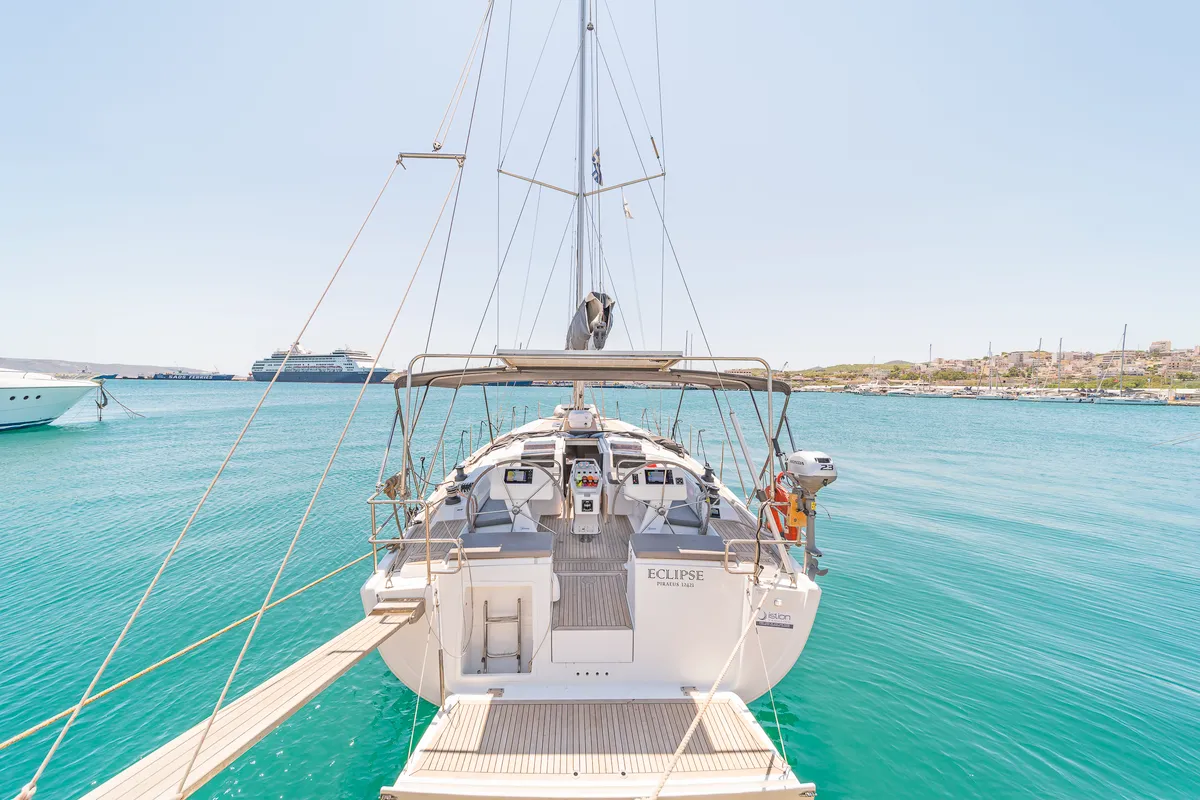 Exterior view of Eclipse, a Hanse 458 sailboat at Lavreotiki, Greece