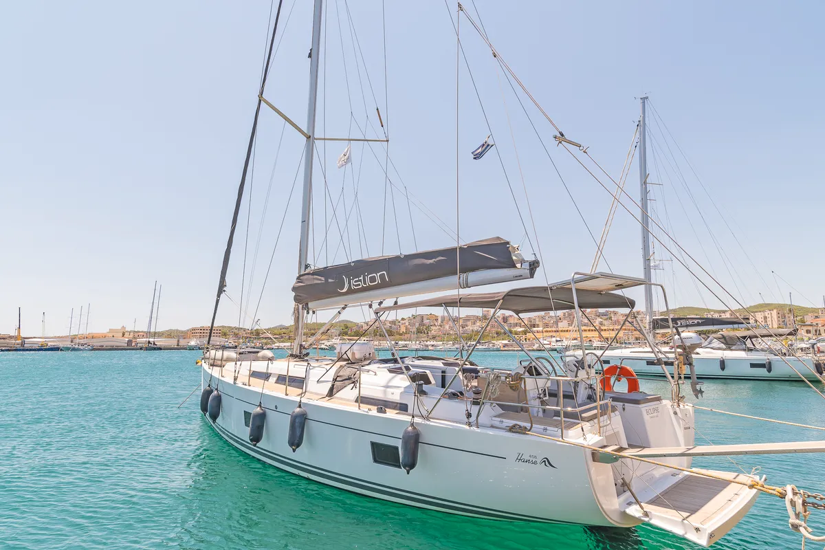Exterior view of Eclipse, a Hanse 458 sailboat at Lavreotiki, Greece