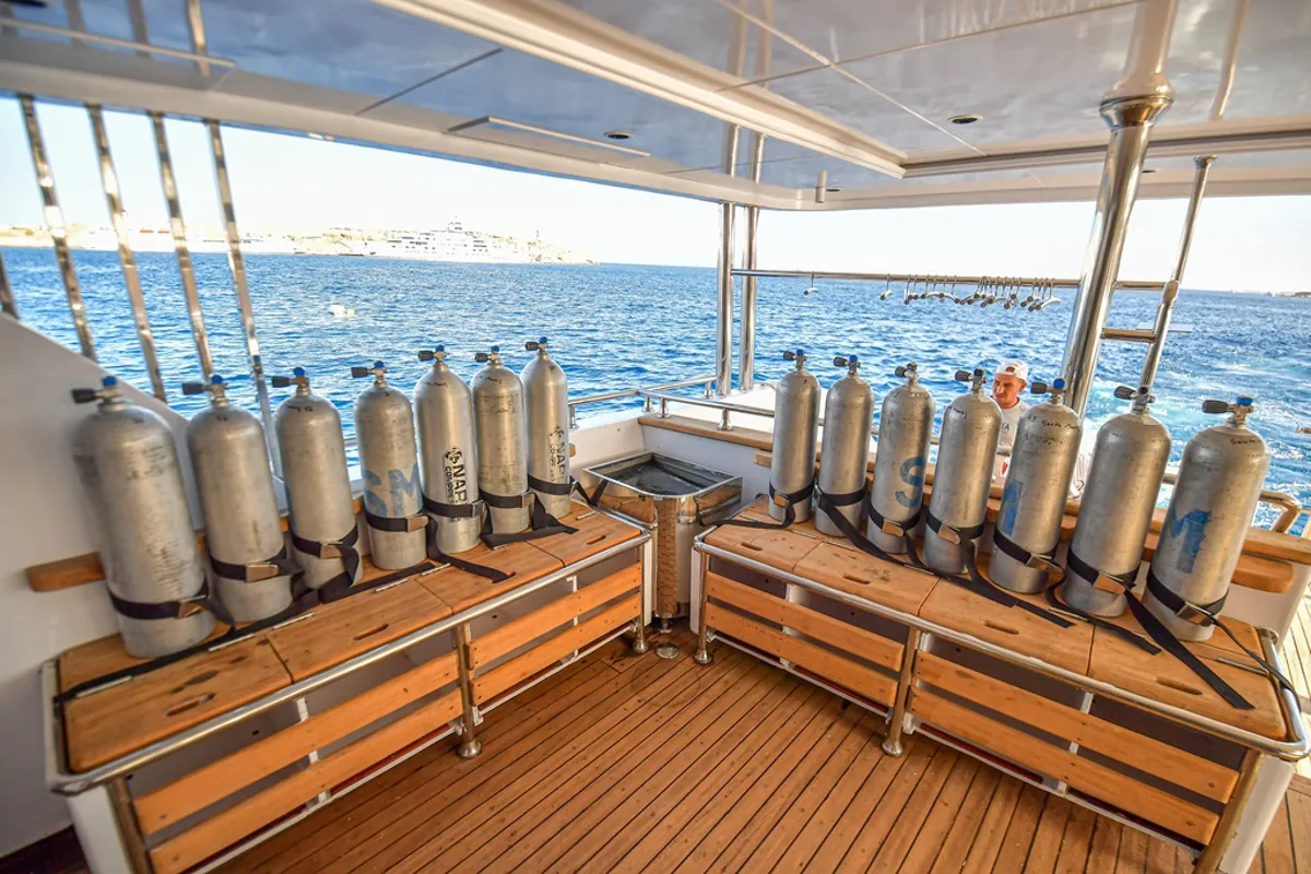 Deck of Comfort cabin upper deck 3, a Gulet Luxury Motor Yacht motorboat at Sharm El Sheikh, Egypt