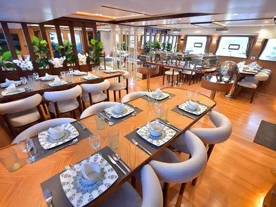 Salon of Comfort cabin upper deck 3, a Gulet Luxury Motor Yacht motorboat at Sharm El Sheikh, Egypt