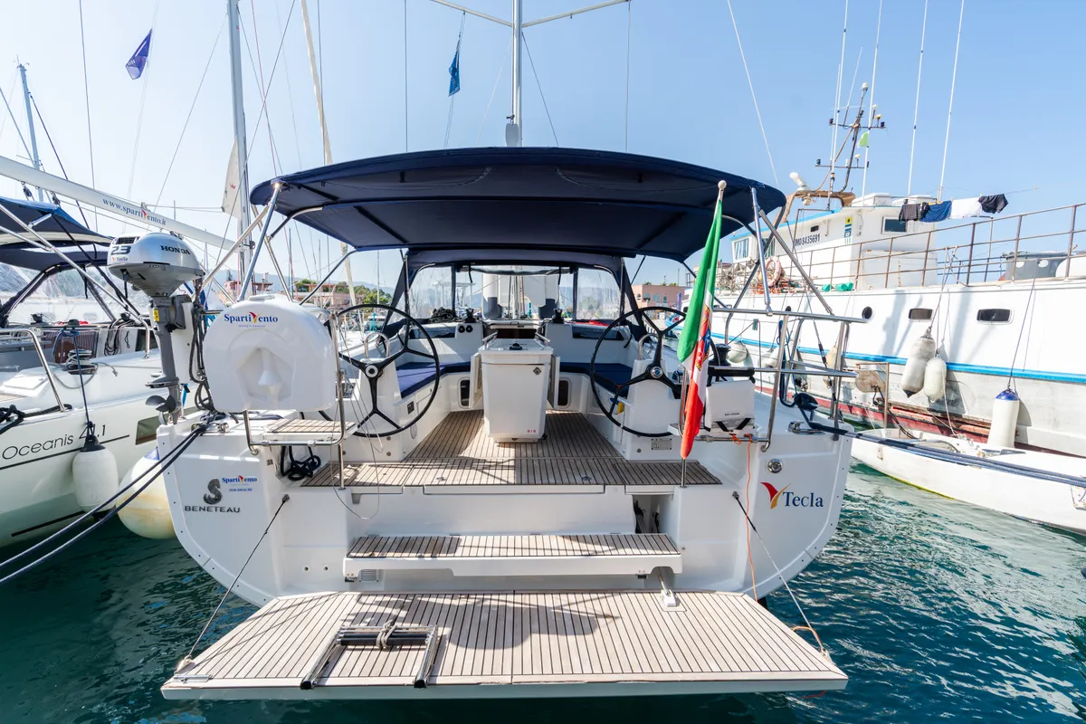 Exterior view of Tecla, a Beneteau Oceanis 40.1 sailboat at Olbia, Italy