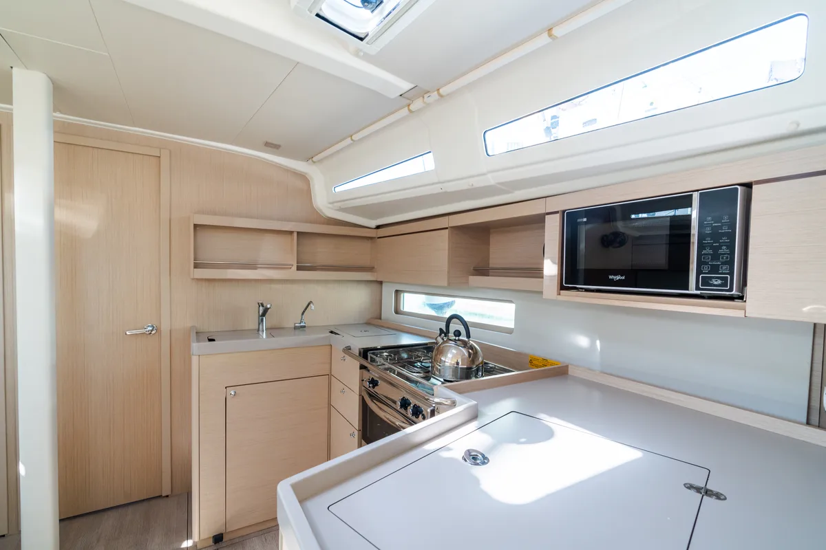 Galley of Tecla, a Beneteau Oceanis 40.1 sailboat at Olbia, Italy