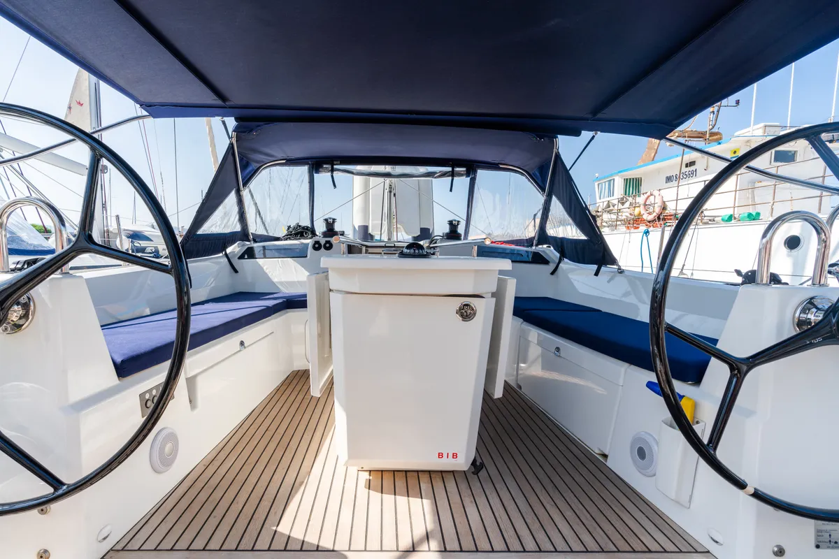 Cockpit of Tecla, a Beneteau Oceanis 40.1 sailboat at Olbia, Italy