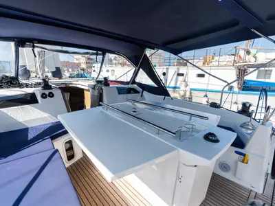 Cockpit of Tecla, a Beneteau Oceanis 40.1 sailboat at Olbia, Italy