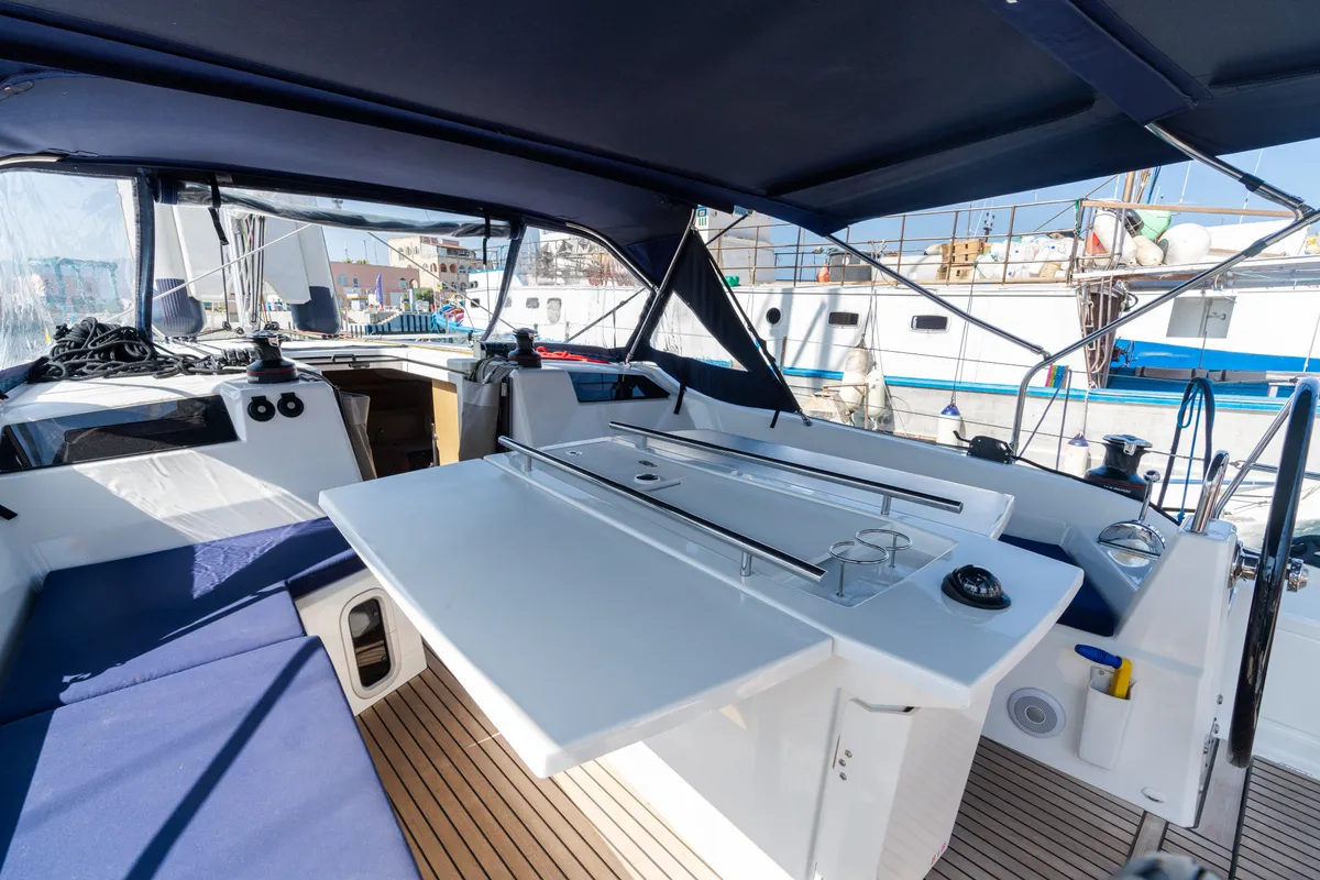 Cockpit of Tecla, a Beneteau Oceanis 40.1 sailboat at Olbia, Italy