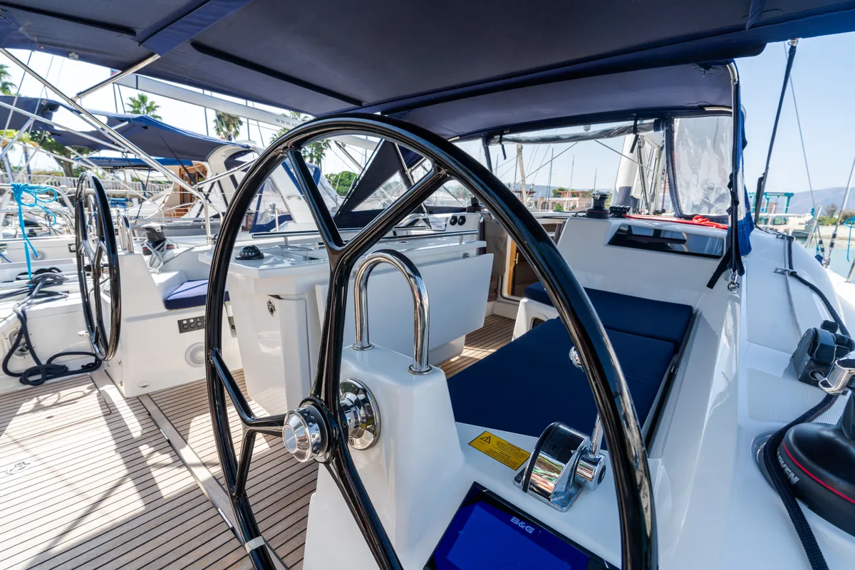 Cockpit of Tecla, a Beneteau Oceanis 40.1 sailboat at Olbia, Italy