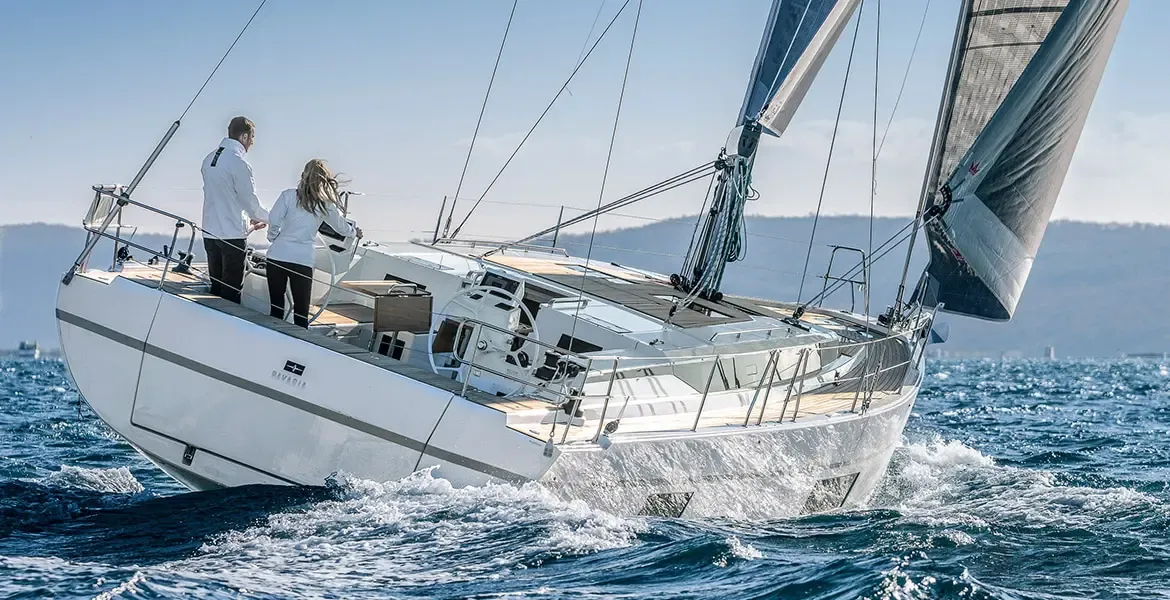Exterior view of NUESTRA EMILIA, a Bavaria C45 sailboat at Izola, Slovenia