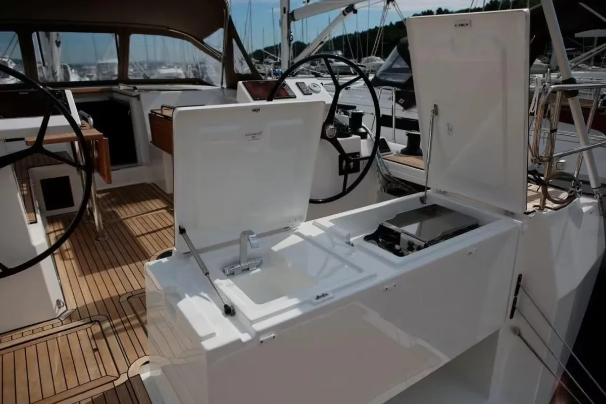 Deck of NUESTRA EMILIA, a Bavaria C45 sailboat at Izola, Slovenia