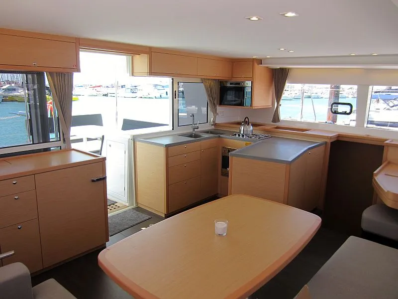 Salon of Anabella, a Lagoon 450 catamaran at Palma de Mallorca, Spain