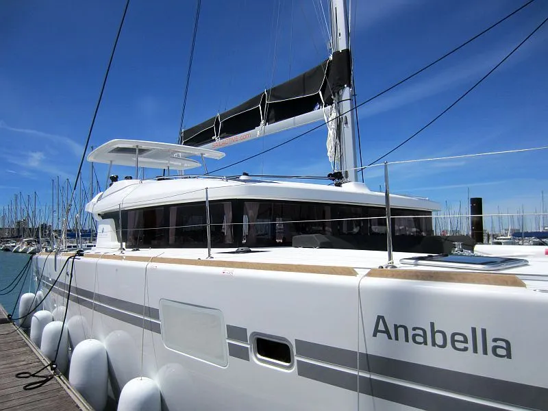 Exterior view of Anabella, a Lagoon 450 catamaran at Palma de Mallorca, Spain