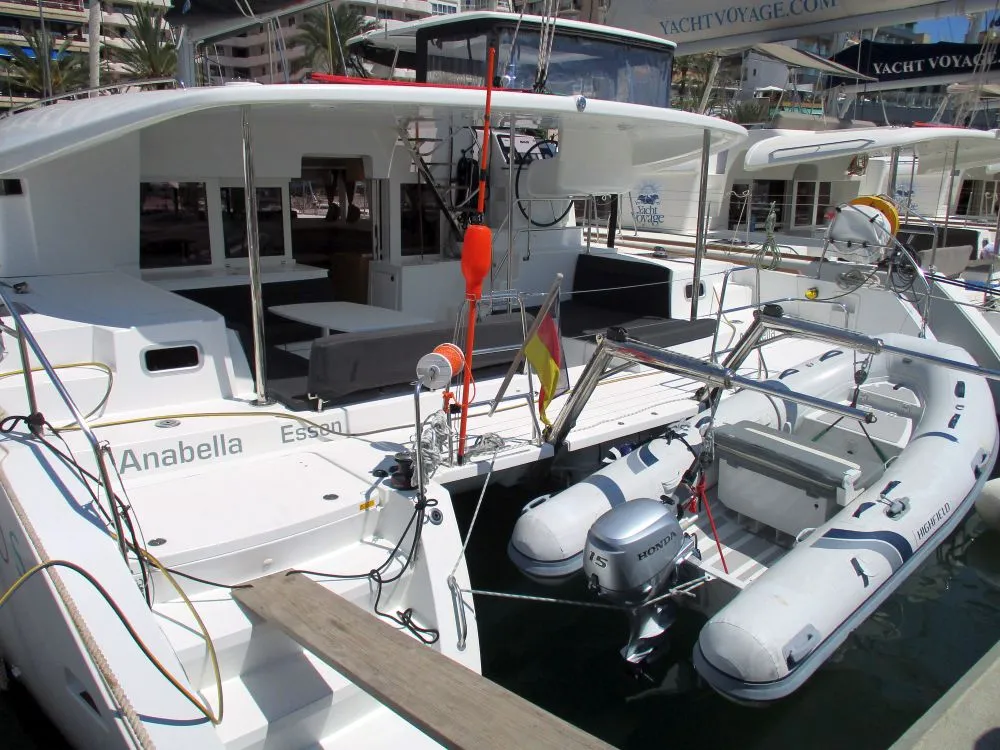 Exterior view of Anabella, a Lagoon 450 catamaran at Palma de Mallorca, Spain