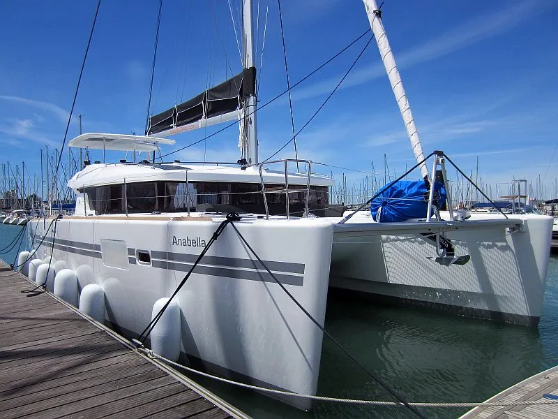 Exterior view of Anabella, a Lagoon 450 catamaran at Palma de Mallorca, Spain