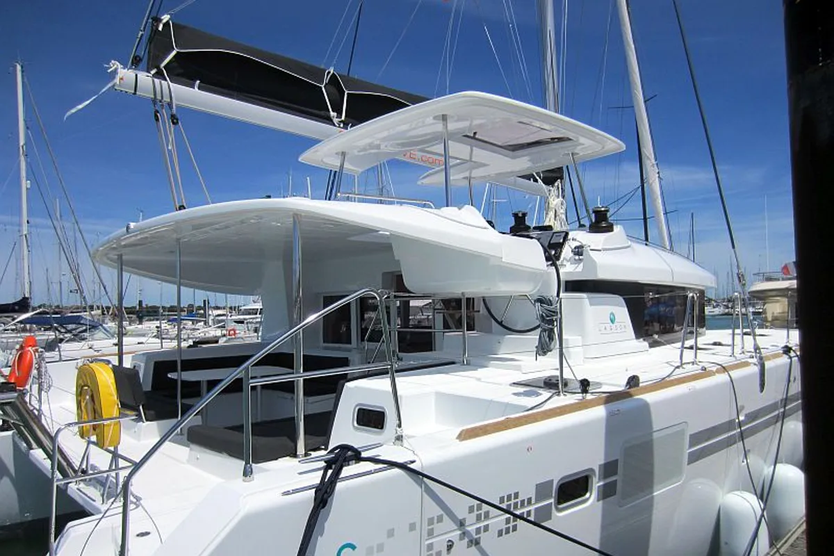 Exterior view of Anabella, a Lagoon 450 catamaran at Palma de Mallorca, Spain