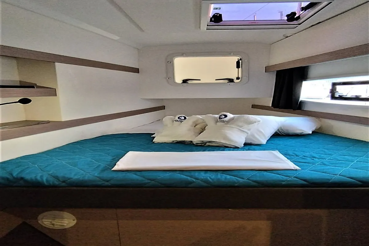 Cabin on Joy, a Fountaine Pajot Isla 40 catamaran at Lavrion, Greece