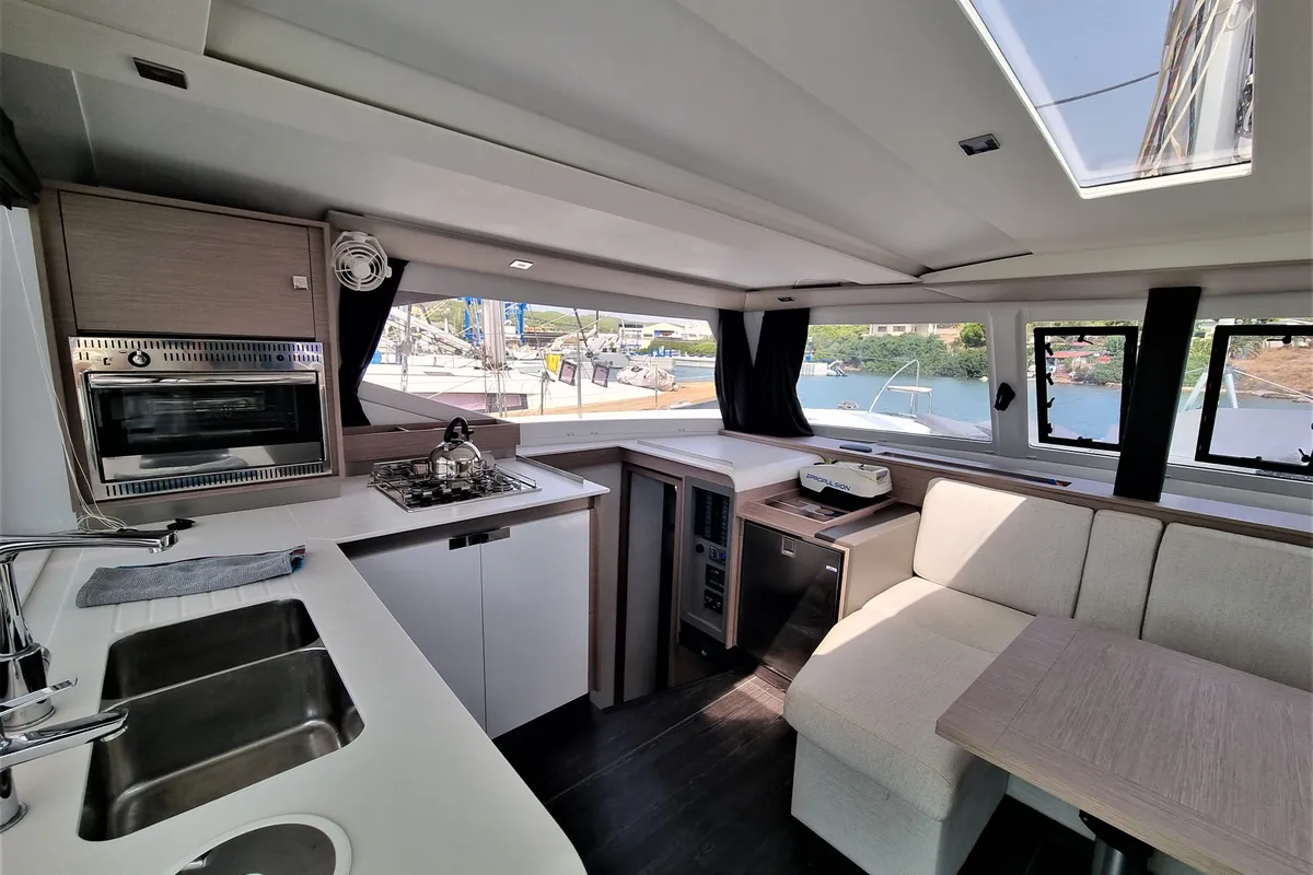 Galley of Joy, a Fountaine Pajot Isla 40 catamaran at Lavrion, Greece