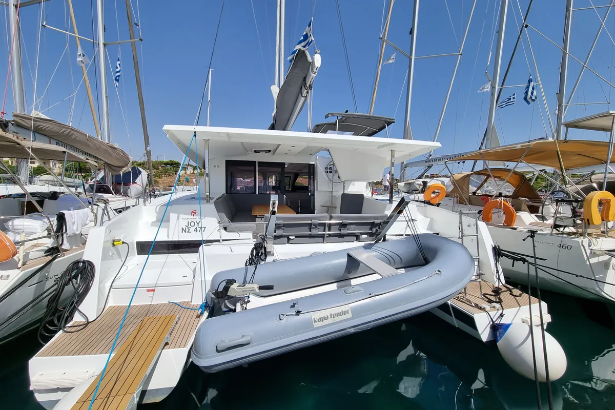 Exterior view of Joy, a Fountaine Pajot Isla 40 catamaran at Lavrion, Greece