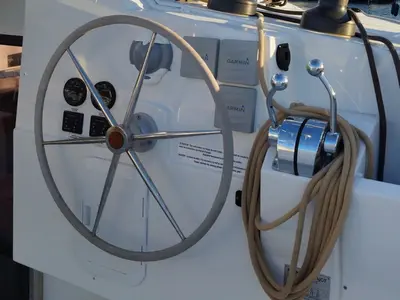Cockpit of Joy, a Fountaine Pajot Isla 40 catamaran at Lavrion, Greece