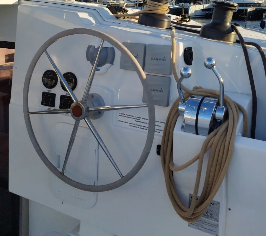 Cockpit of Joy, a Fountaine Pajot Isla 40 catamaran at Lavrion, Greece