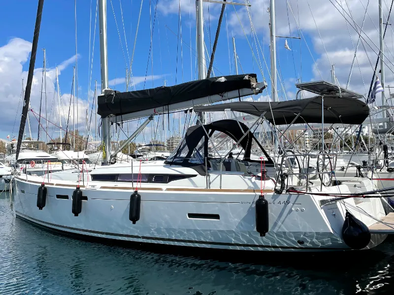 Exterior view of Amelie (Refit 2022), a Jeanneau Sun Odyssey 449 sailboat at Kontokali, Greece