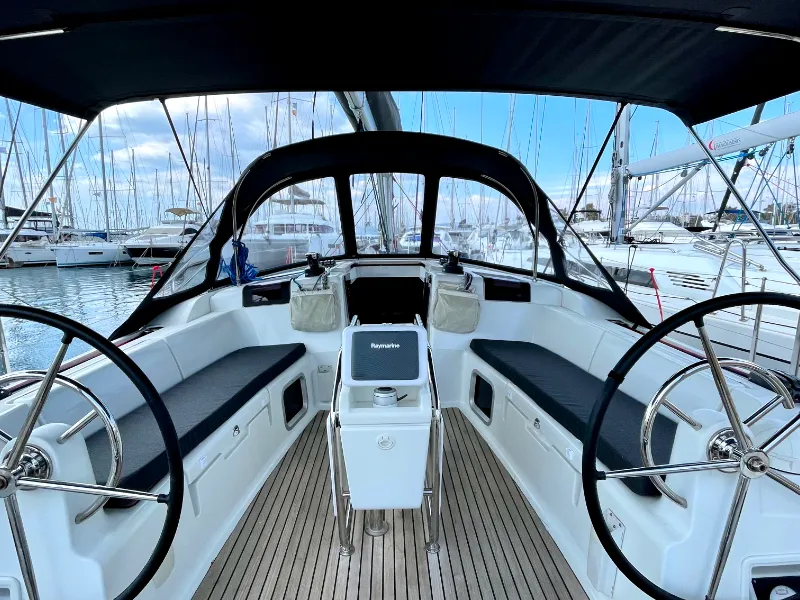 Cockpit of Amelie (Refit 2022), a Jeanneau Sun Odyssey 449 sailboat at Kontokali, Greece