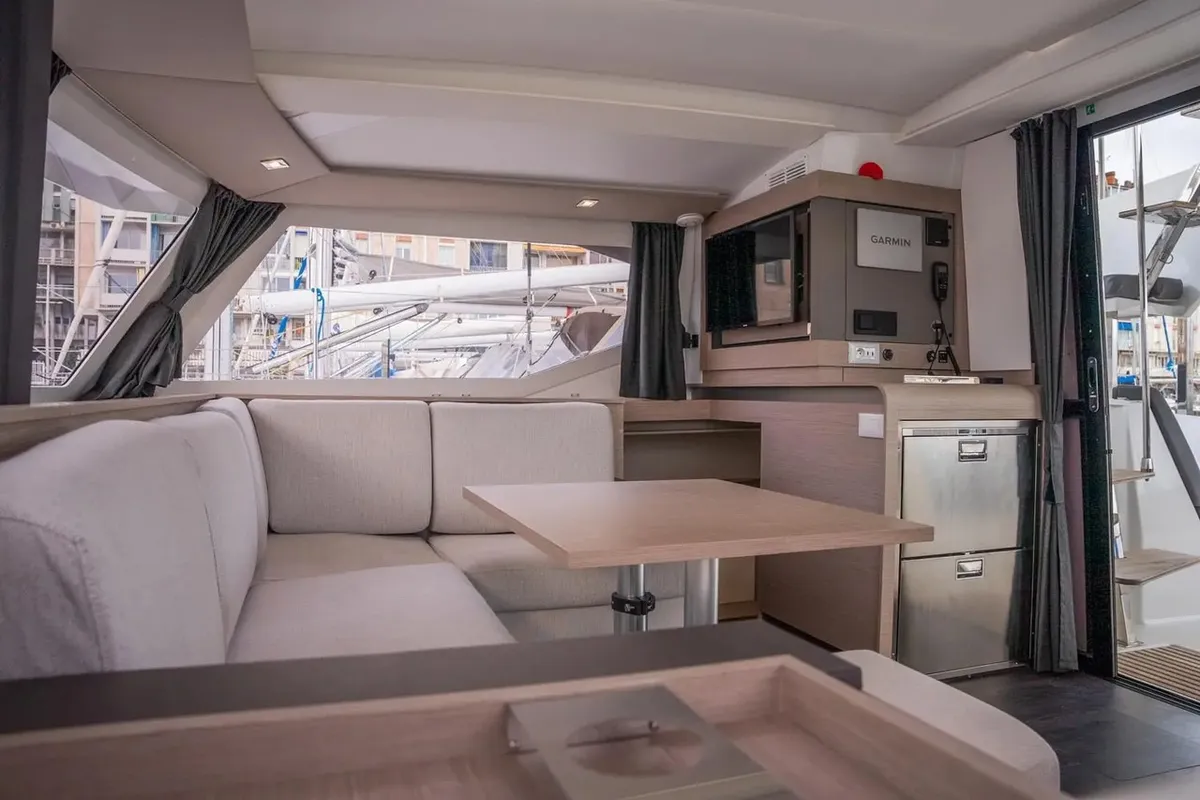 Salon of Seabaris, a Fountaine Pajot Isla 40 catamaran at Toulon, France
