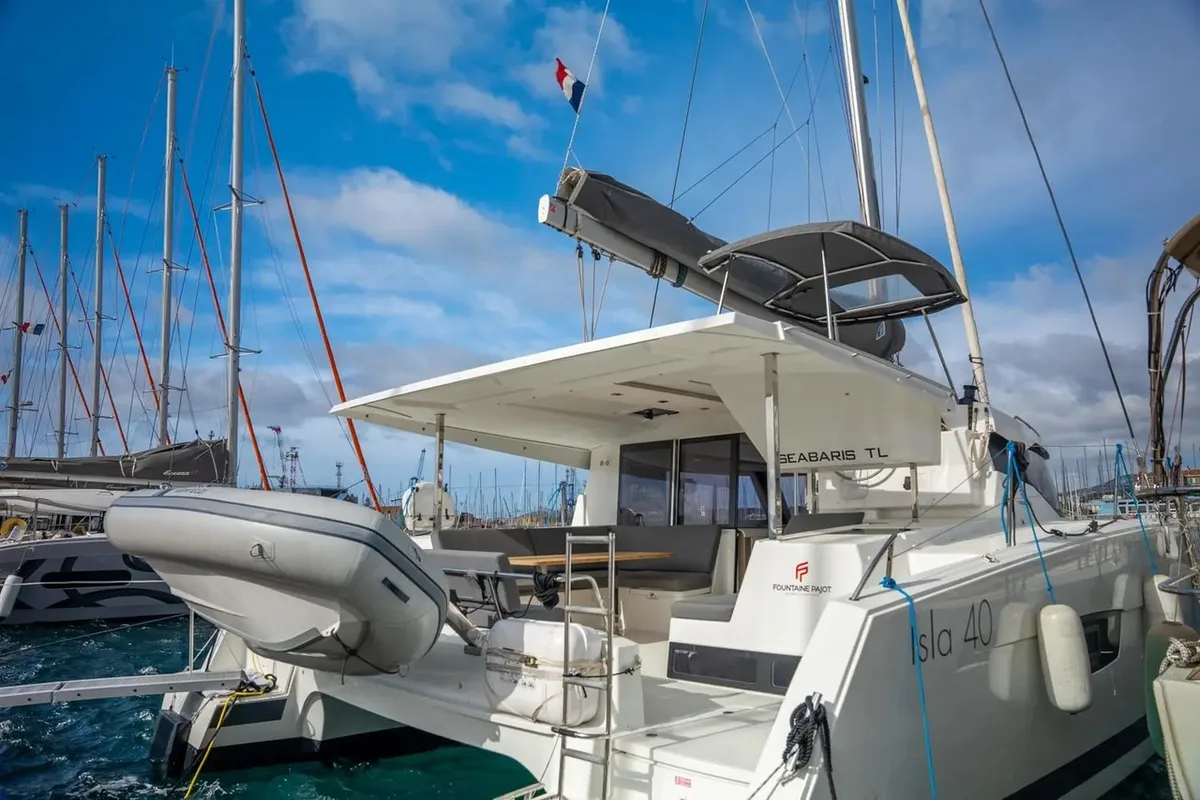 Exterior view of Seabaris, a Fountaine Pajot Isla 40 catamaran at Toulon, France