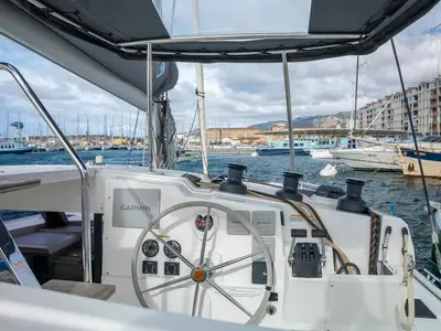 Cockpit of Seabaris, a Fountaine Pajot Isla 40 catamaran at Toulon, France