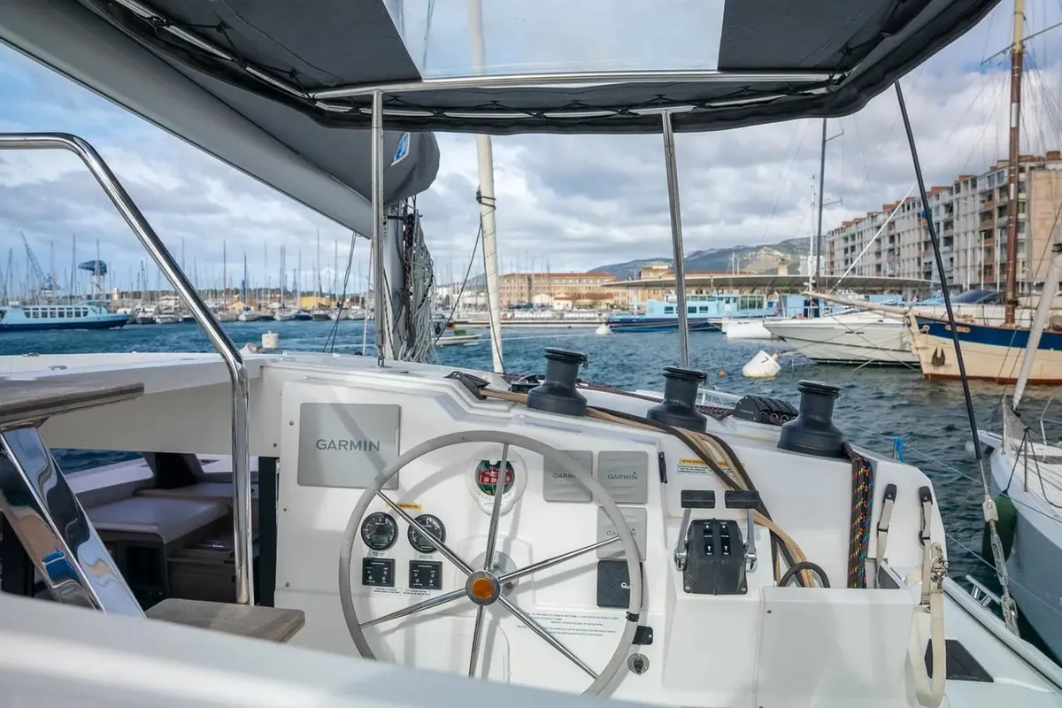 Cockpit of Seabaris, a Fountaine Pajot Isla 40 catamaran at Toulon, France