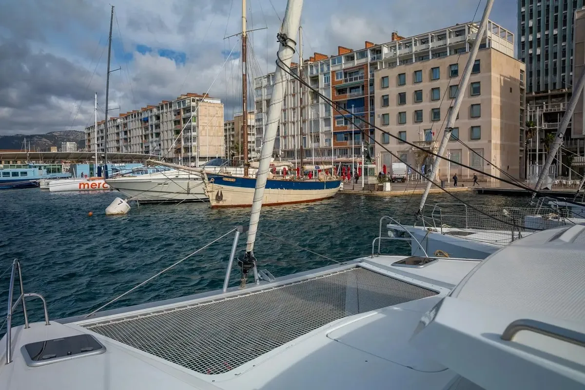 Deck of Seabaris, a Fountaine Pajot Isla 40 catamaran at Toulon, France