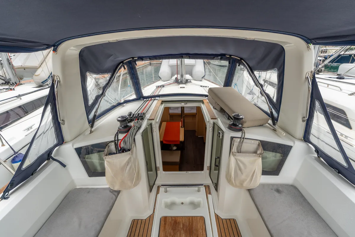 Deck of Era, a Beneteau Oceanis 38.1 sailboat at Salerno, Italy