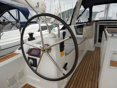 Cockpit of Era, a Beneteau Oceanis 38.1 sailboat at Salerno, Italy
