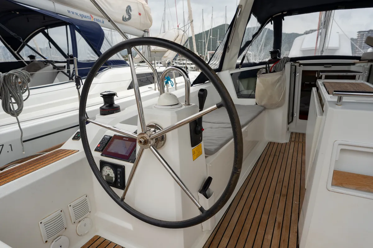 Cockpit of Era, a Beneteau Oceanis 38.1 sailboat at Salerno, Italy