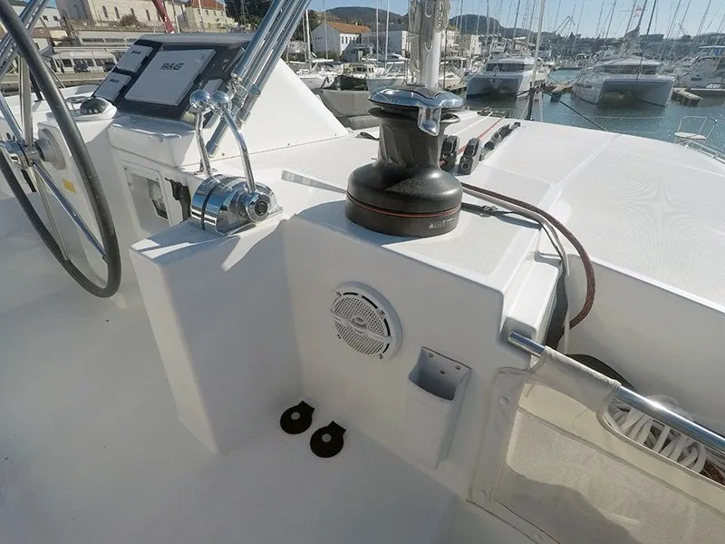 Cockpit of Zuzo II, a Lagoon 450 catamaran at Grad Šibenik, Croatia