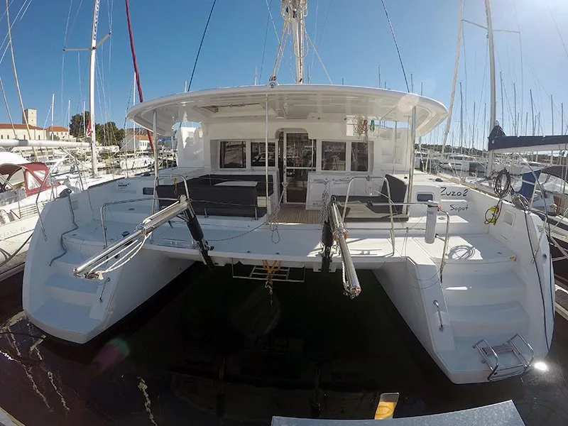 Exterior view of Zuzo II, a Lagoon 450 catamaran at Grad Šibenik, Croatia