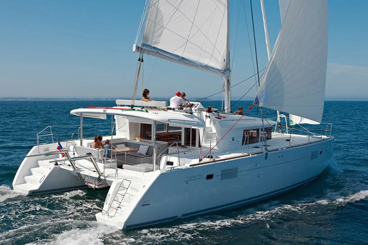 Exterior view of Zuzo II, a Lagoon 450 catamaran at Grad Šibenik, Croatia